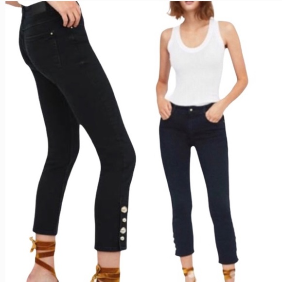 Zara Trafaluc Black Cropped Skinny Jeans Gold Bobble Button Ankle Embellished - Picture 16 of 16